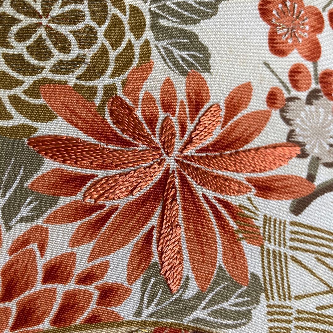 アンティーク名古屋帯 刺繍 しつけ糸付 大正ロマン 正絹 金駒刺繍 N66