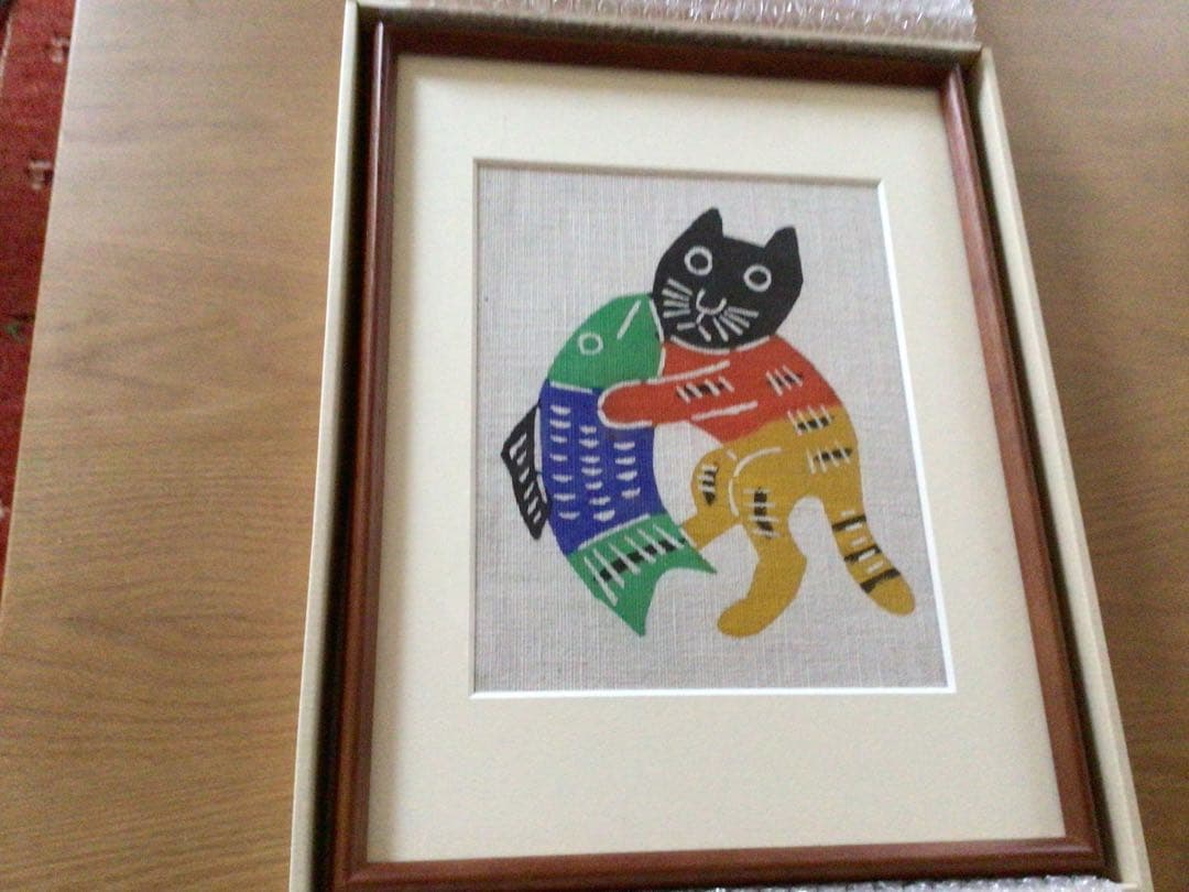 週末お値下げ⭕️⭕️美品【希少】柚木沙弥郎　型染絵　猫と魚 額装品⭕️⭕️ 柚木沙弥郎 型染め 「猫と魚」 アート 絵画 一点もの 作家 中古