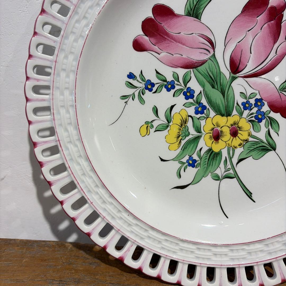 希少 Luneville パニエ デザート皿 薔薇とチューリップ