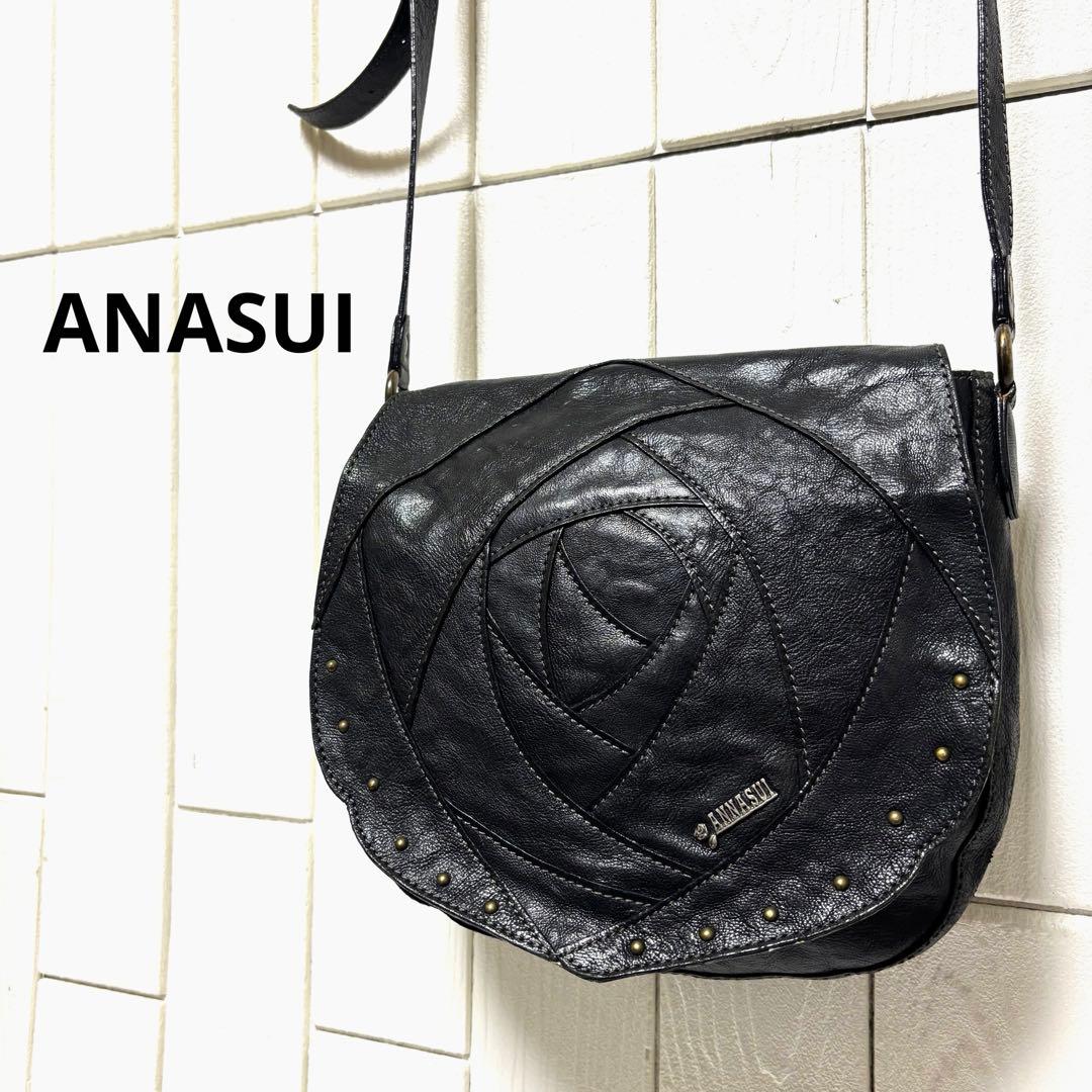 美品 ANASUI アナスイ ショルダーバッグ ローズウッド 本革 花柄 黒 ANNA SUI アナスイ ショルダーバッグ 黒 レザー 花柄 型押し｜Yahoo
