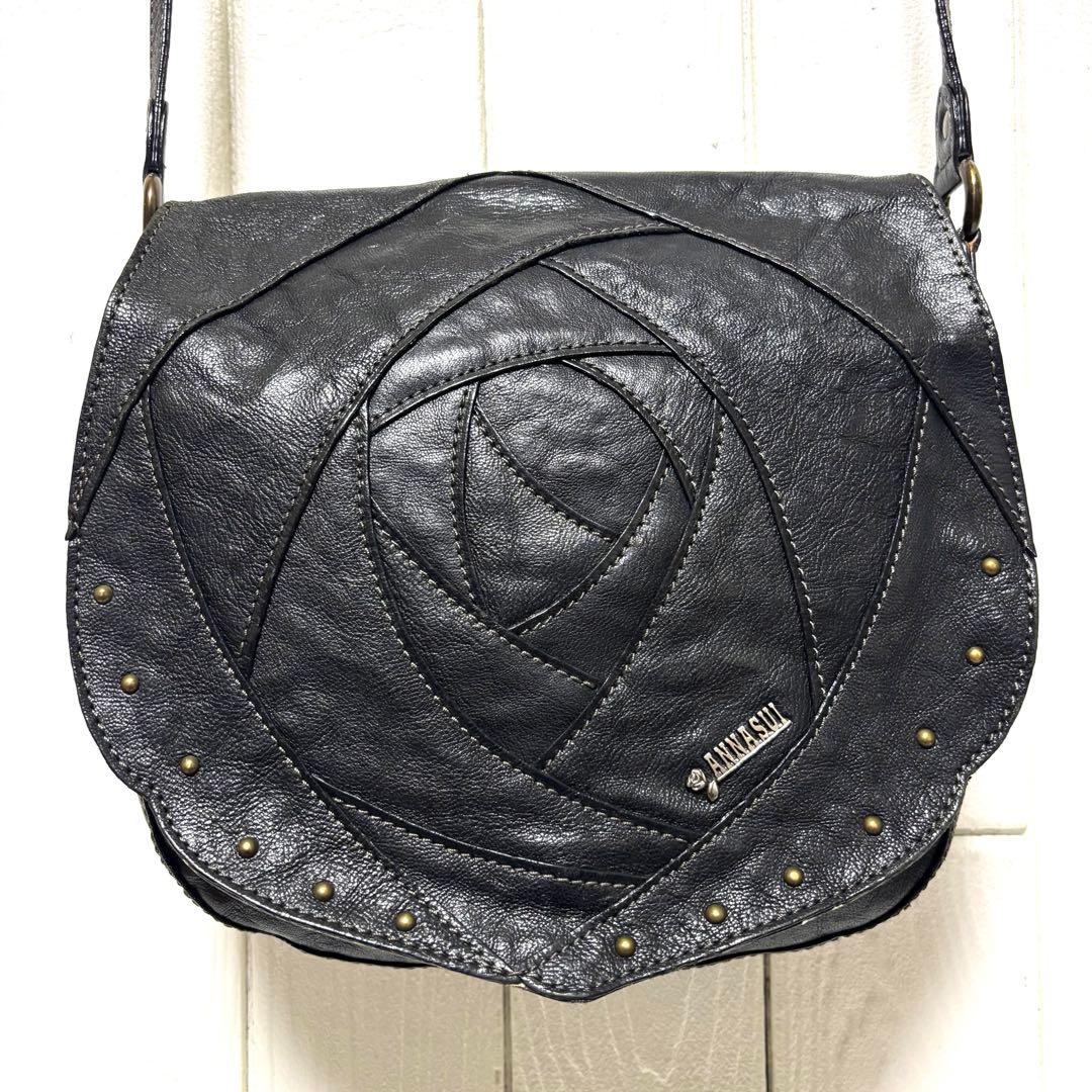 美品 ANASUI アナスイ ショルダーバッグ ローズウッド 本革 花柄 黒