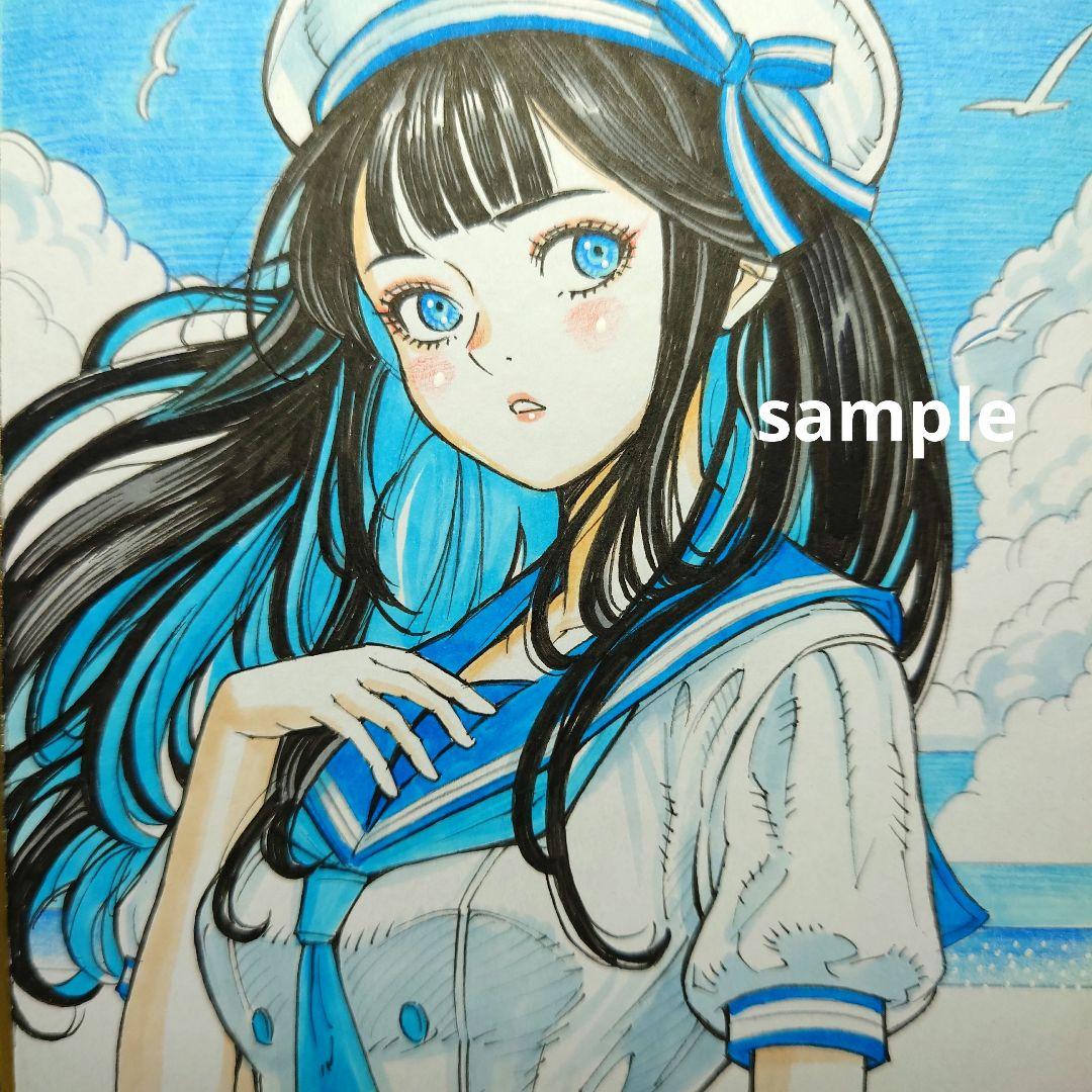 手描きイラスト 115】オリジナル原画色紙 同人「夏風に舞うマリン