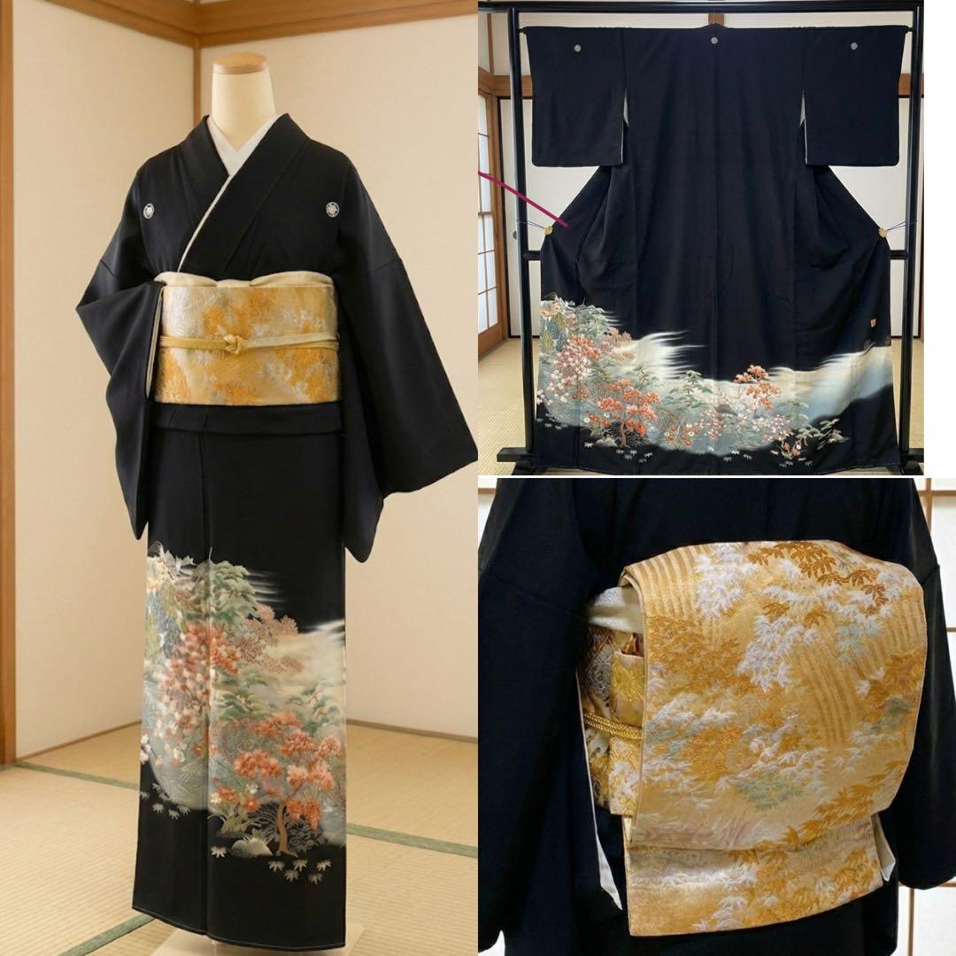 極美品　黒留袖　袋帯　￼ 4点フルセット　結婚式　比翼仕立て　礼服　作家物 SOUBIEN（創美苑） レンタル 黒留袖 フルセット 結婚式 着物 黒 袷
