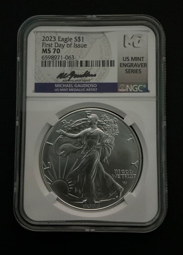 2023年 シルバーイーグル銀貨 最高鑑定MS70 初日発行 サインラベル