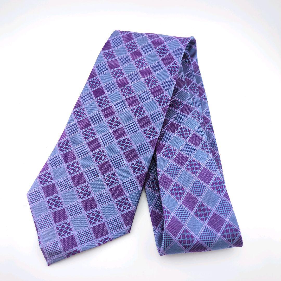 美品 クリスチャンディオール ネクタイ シルク100% 紫×水色 チェック柄