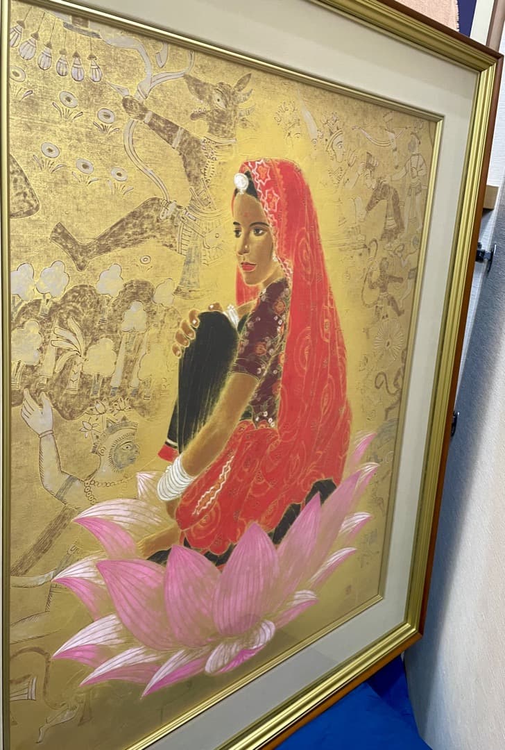 石踊紘一『パドマ (蓮華)』30号 油彩 日本画 額装済み インド美人 蓮の