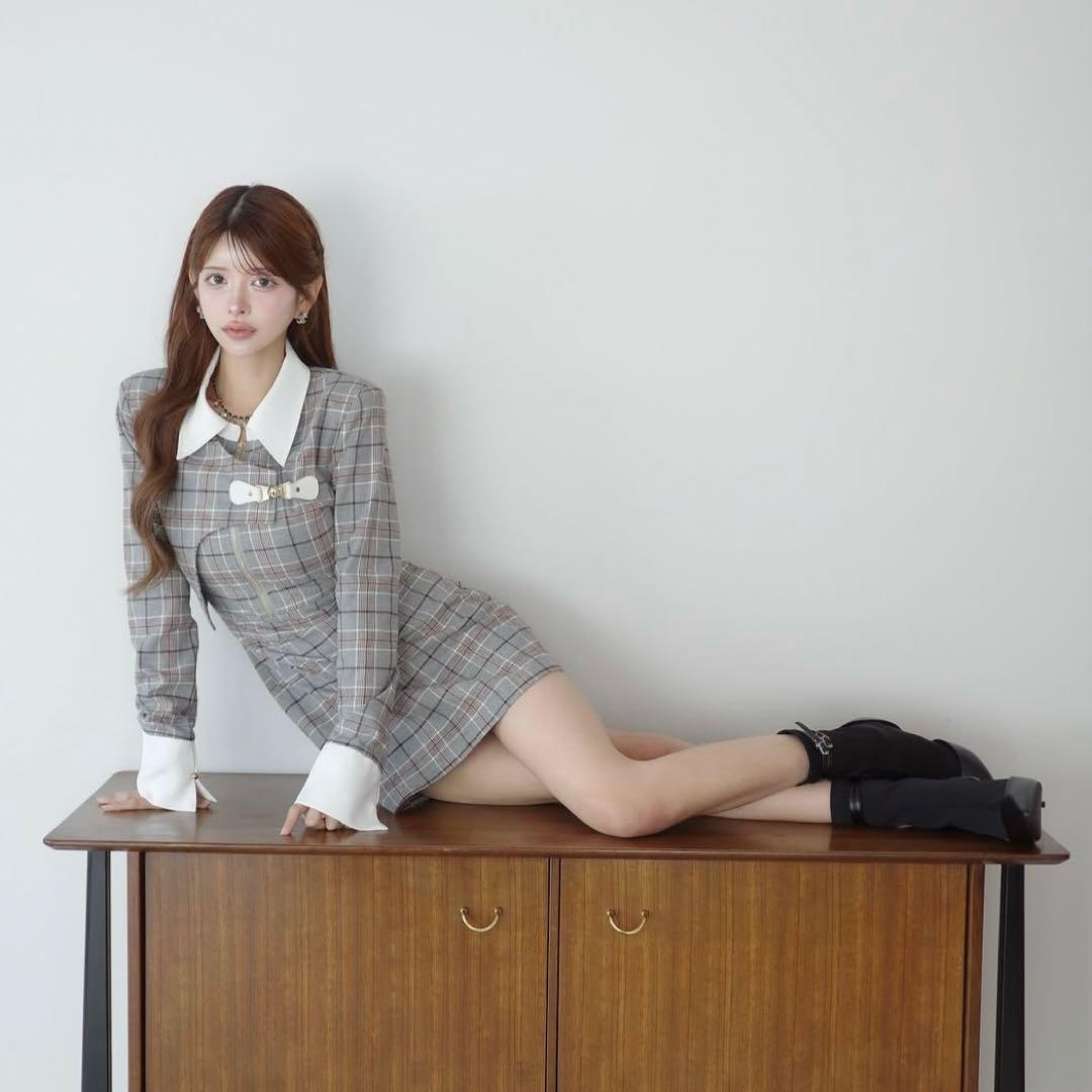 ♡ Randy タータンチェックアシンメトリーバックルワンピース XS