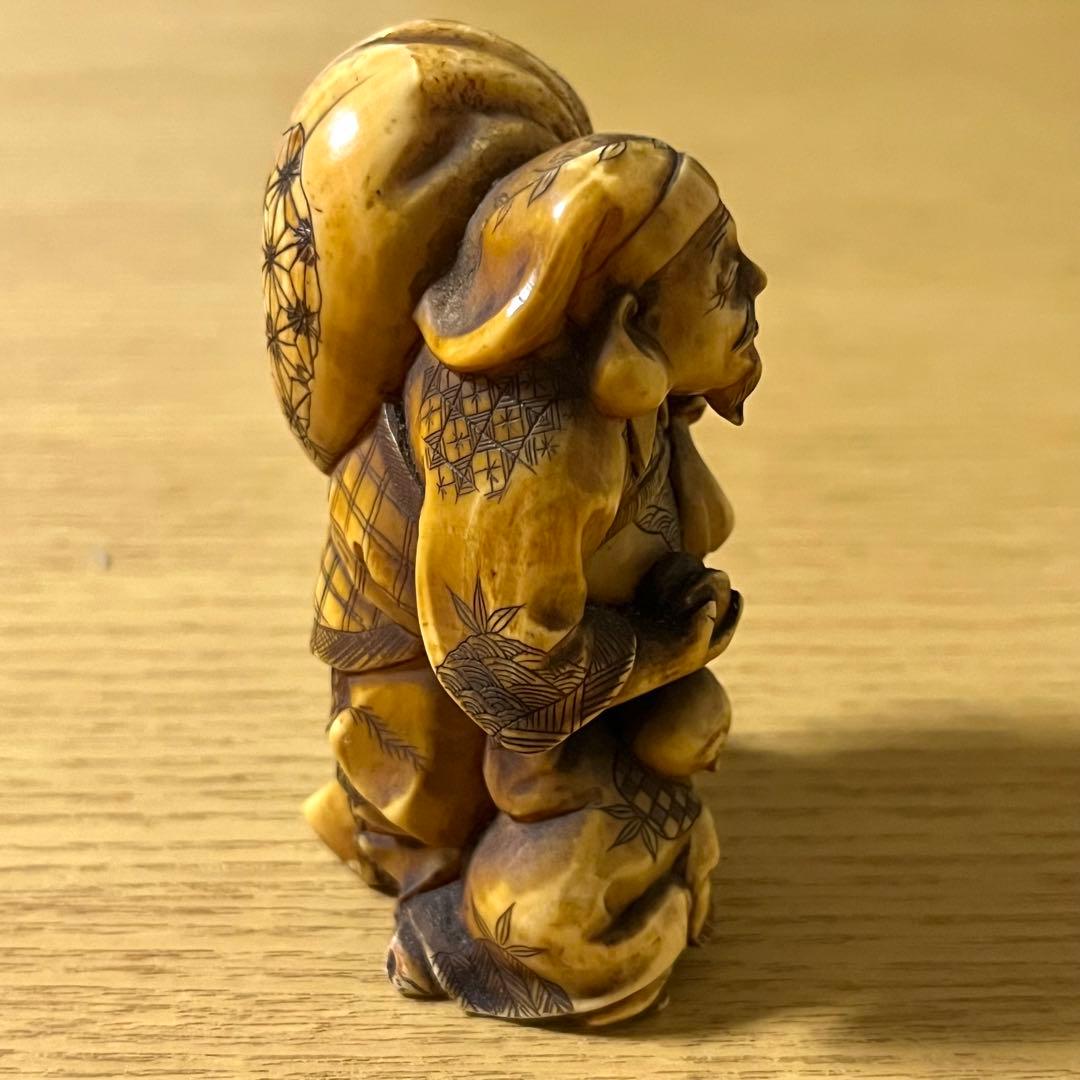 江戸期 大黒天と唐子 正之在銘 根付 高級 天然素材 細密彫刻