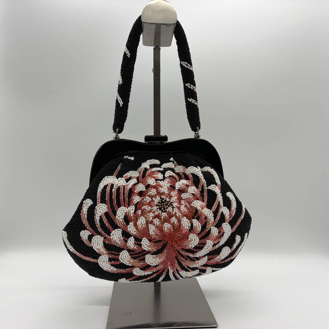 1570 総ビーズ ハンドバッグ 乱菊 黒地 昭和レトロ 和装小物 成人式