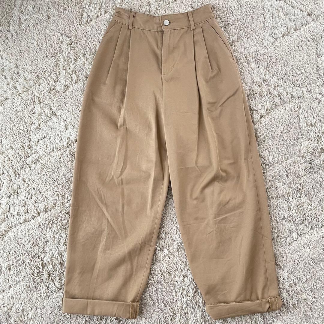 【TWW】ベージュ チノパン プリーツ入り　レディース ベージュパンツ 折り返しデザイン ワイドチノパン チノパン|ベージュ