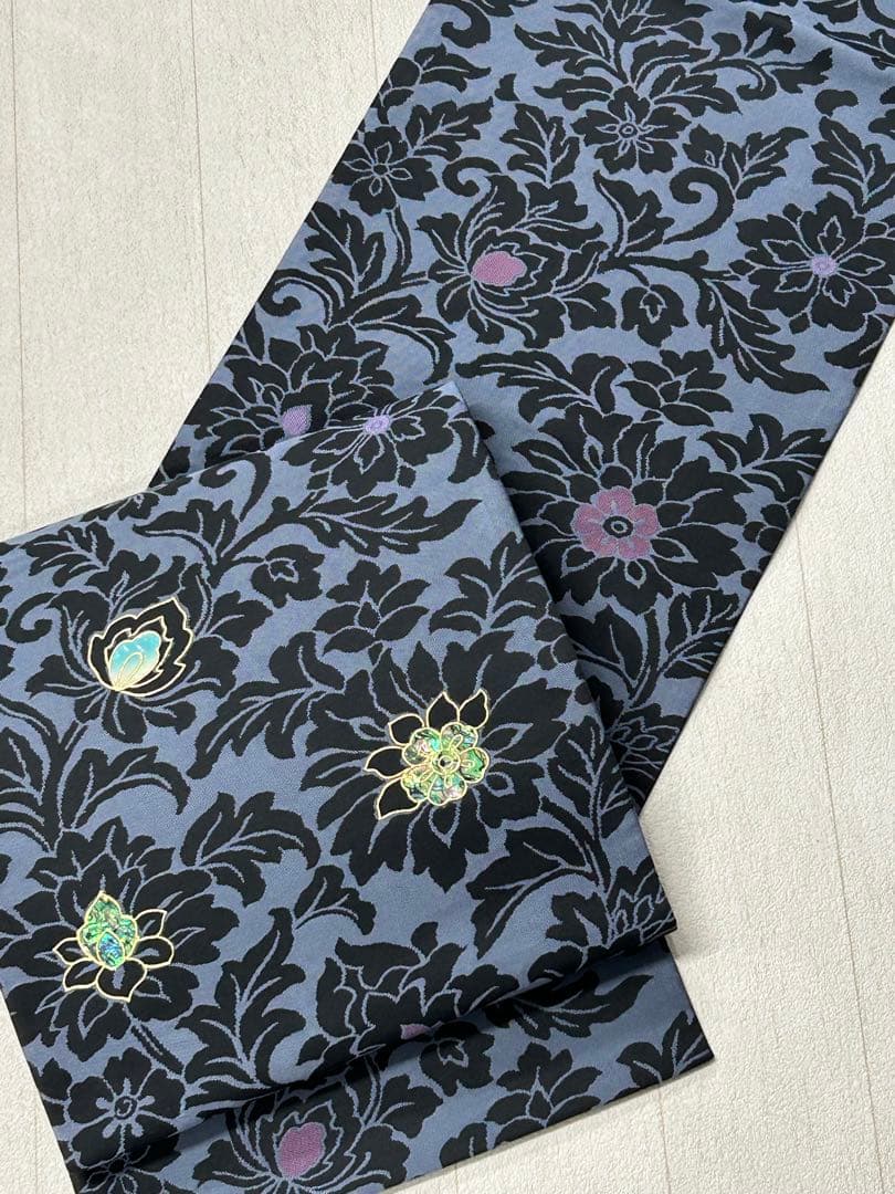 HQS-4 袋帯【藤本 隆士】螺鈿 花唐草 全通 落款