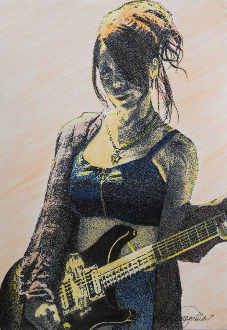 人物画　点描画　 「Female Guitarist」 点描画『変革の時』シリーズ | 美術家 大森かずえ / Artist Kazue Omori