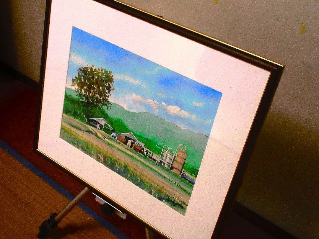 水彩画 風景画 額装済み(故郷) 手書き油絵 山小屋に続く道 絵画 額付き