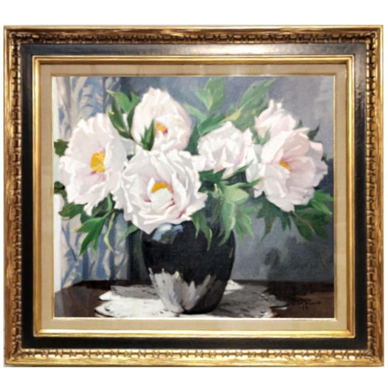 ☆山岸正巳☆「窓辺 牡丹」油絵　F10号　1977年制作　未使用額！ E5_B1_B1_E5_B2_B8_E6_AD_A3_E5_