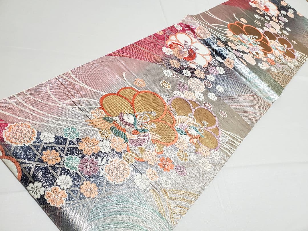 A5◇着物くつろぎ 鴛鴦に花模様 金銀糸 六通 正絹 フォーマルな袋帯