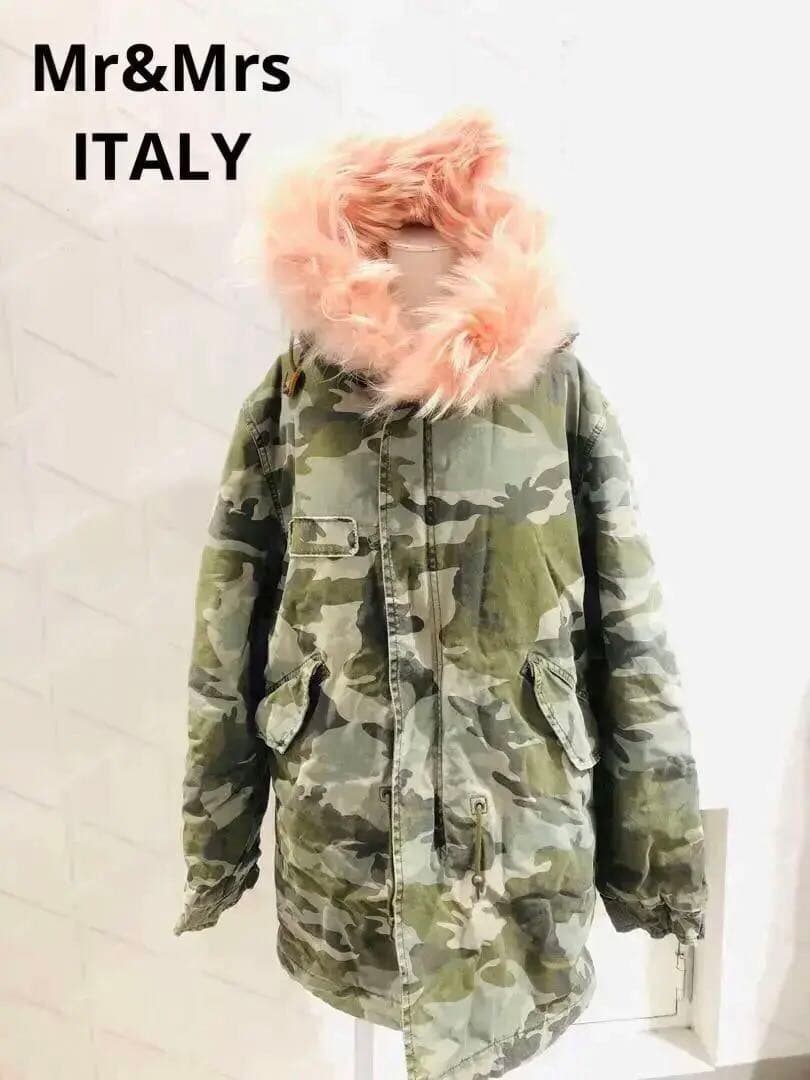 Mr&Mrs ITALY ミリタリーコート 迷彩柄 コーラルピンクファー フード