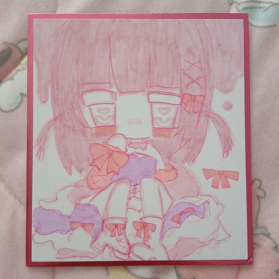 色紙 萌え絵 手描きイラスト 原画 ピンク 可愛い - メルカリ