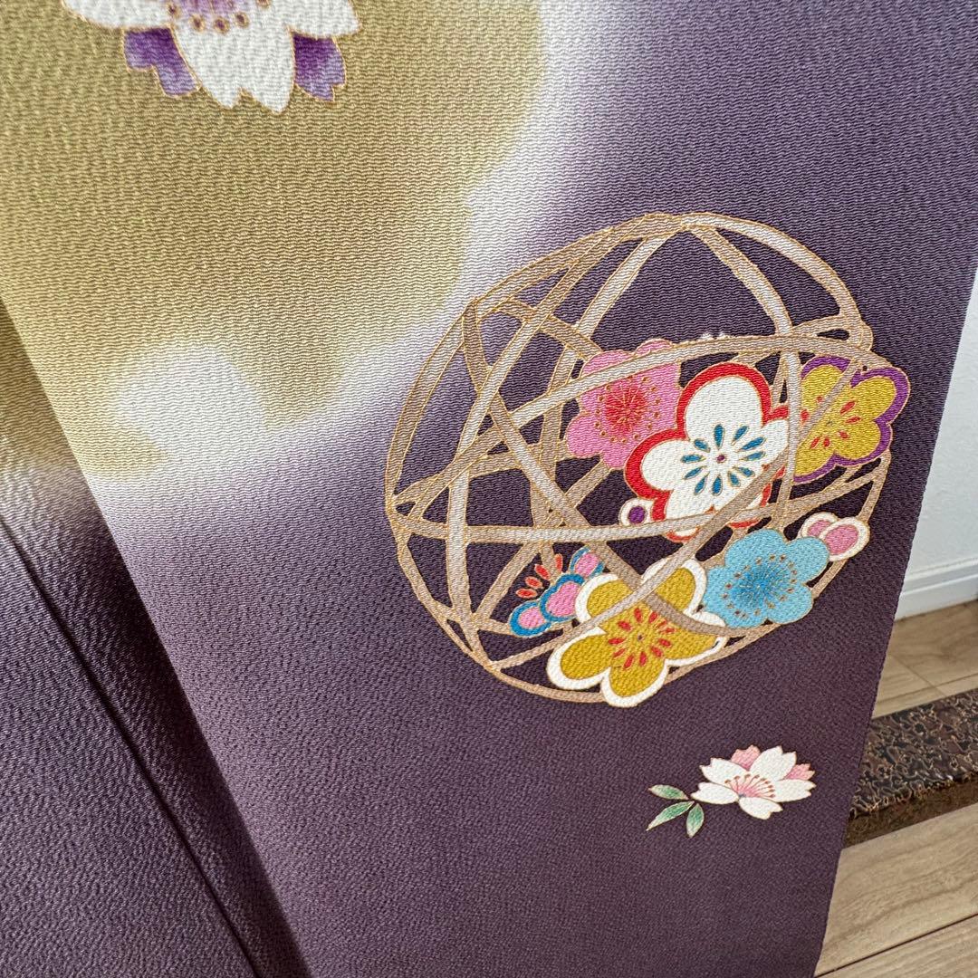 超美品 正絹 袷 訪問着 着物 168 裄70 ちりめん 金彩 紫 藤色 トール