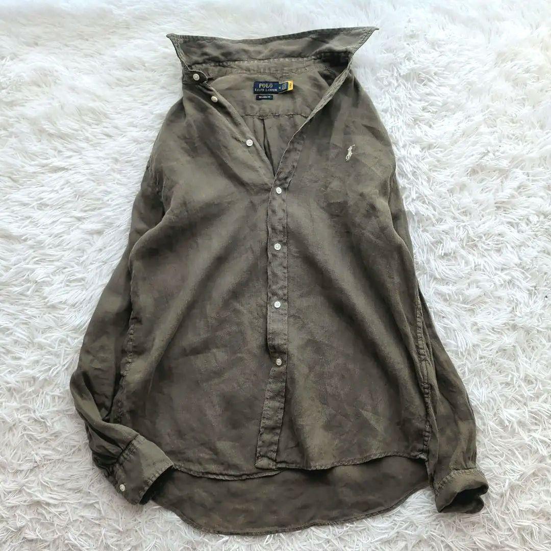 現行 ポロラルフローレン リネンシャツ 刺繍ポニー カーキ M POLO RALPH LAUREN（ポロ・ラルフローレン） ブラウス シャツ