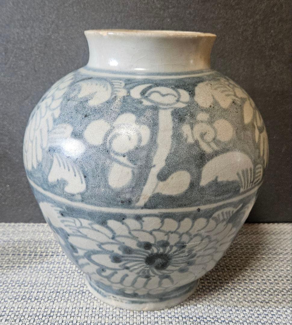 明朝 明代 中国古陶磁 中国南方系 青華 古染付 花の図 胴継ぎ 壺 花