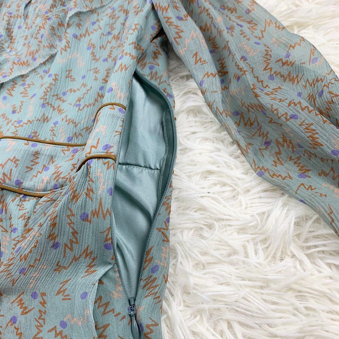 新品 COACH コーチ シルク100% シフォンワンピース 総柄 グリーン系