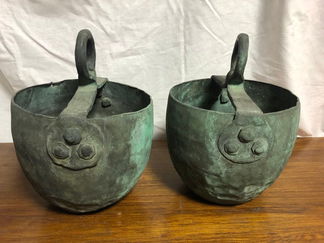 釣瓶/2個セット/アンティーク　緑錆 呂宋釉瓶掛け 火鉢 瀬戸織部 手あぶり 鉢カバー 江戸期 骨董 風炉 涼