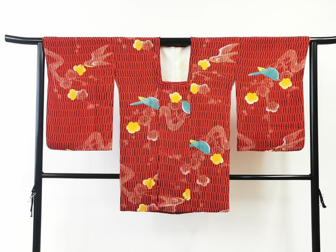 アンティーク着物コート 赤 縞柄 鳥 梅 大正ロマン◇m038 - メルカリ