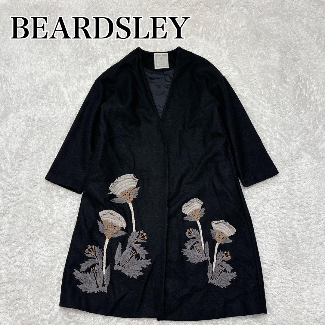 【BEARDSLEY】刺繡デザイン ノーカラーコート 黒 ウール混 size F セール】ウール混クルーネックコート（ノーカラーコート）｜Dessin