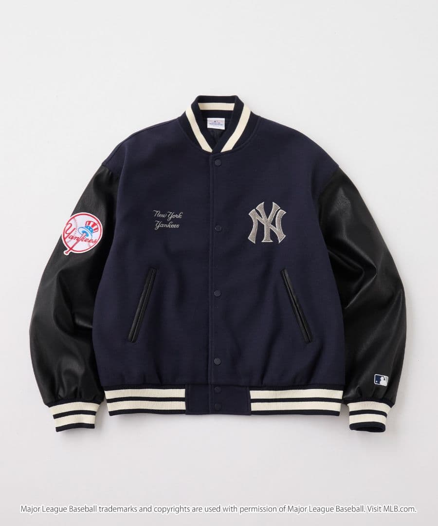 未使用品L】ヤンキース◎ワッペン刺繍◎メルトンスタジャン◎黒×紺