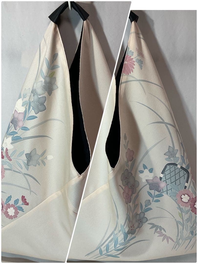 大島紬×新品正絹ちりめん振り袖三角バッグリバーシブルあずま袋