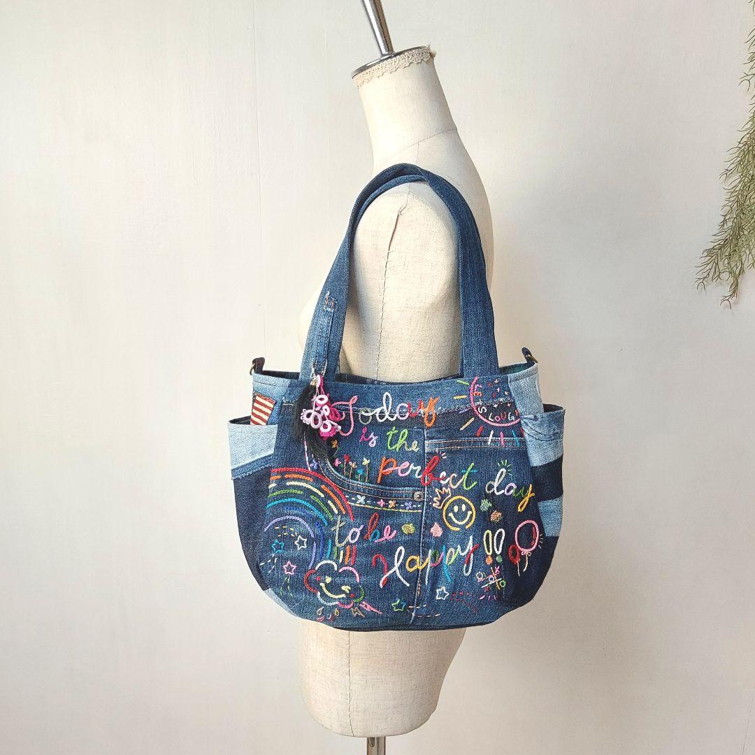 刺繍デニムバック No.641 デニムリメイク 刺繍バック チューリップバック