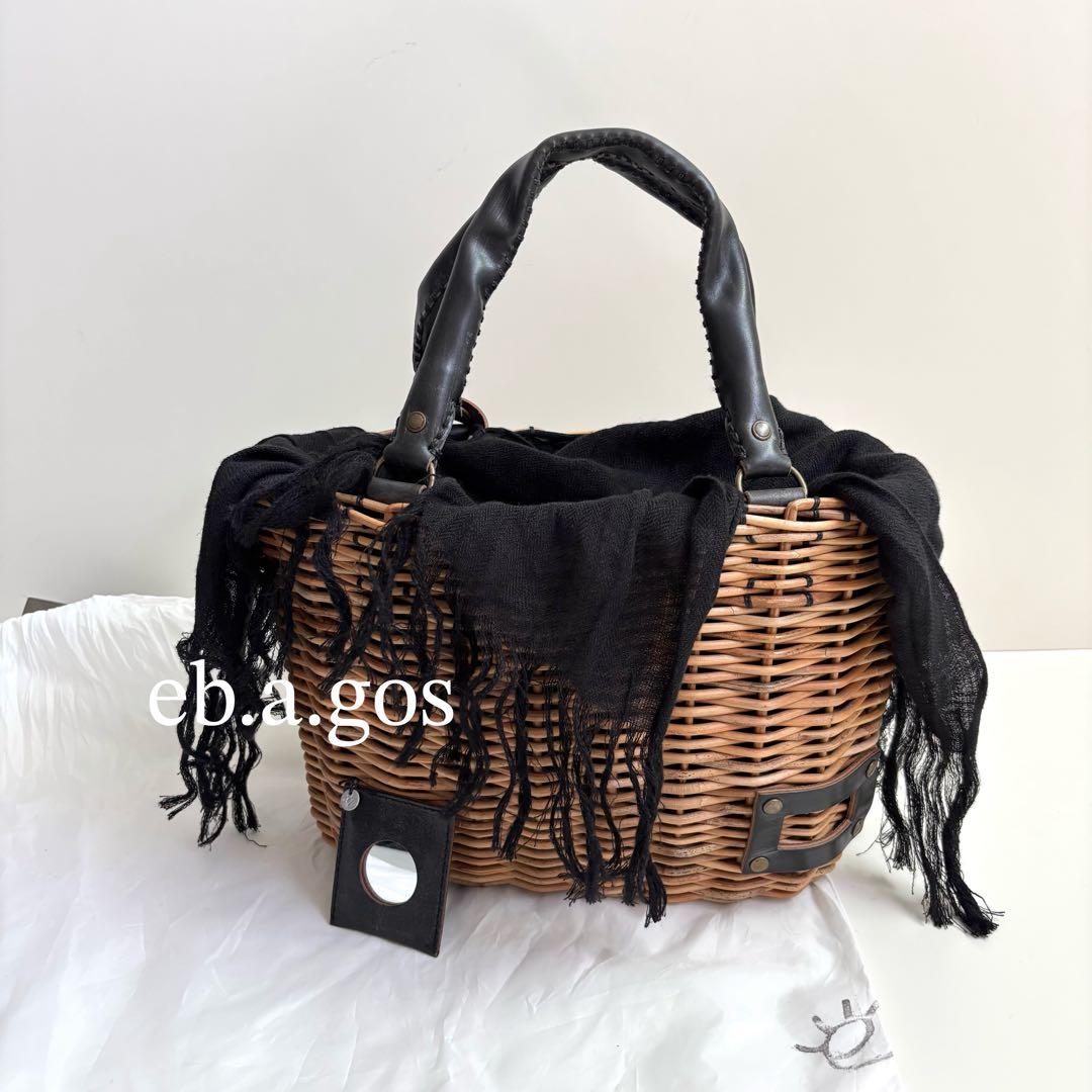 美品★eb.a.gos エバゴス　トートバスケットレザーハンドル　黒　カゴバッグ ebagos トートバスケット レザーハンドル ブライドルレザー×紅籐