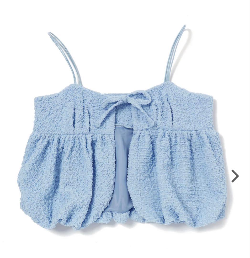 トップス POPPY BALLOON RIBBON CAMI (BLUE) Baby blue ribbon see-through tops(Round neck)
