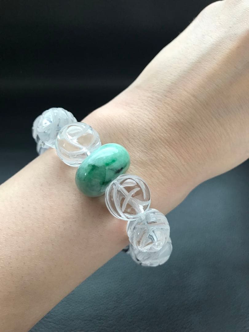 ビルマ翡翠、平安ボタンと天然水晶、16.4cm