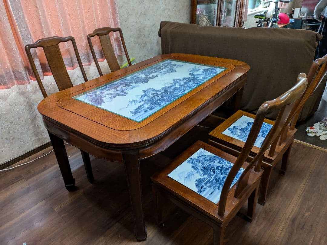 沖縄・離島除く】有田焼、ダイニングテーブルセット、『染付山水絵陶板