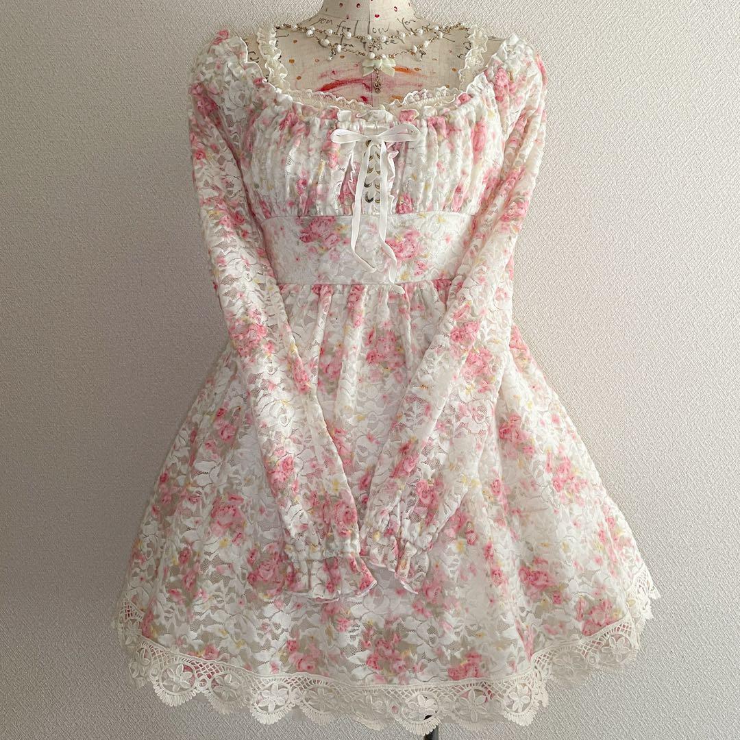 00s 希少 LIZLISA 起毛パワネ総レースオフショルローズワンピ 姫ロリ リズリサ LIZLISA アンティークローズ クラシカル ワンピース ロリータ