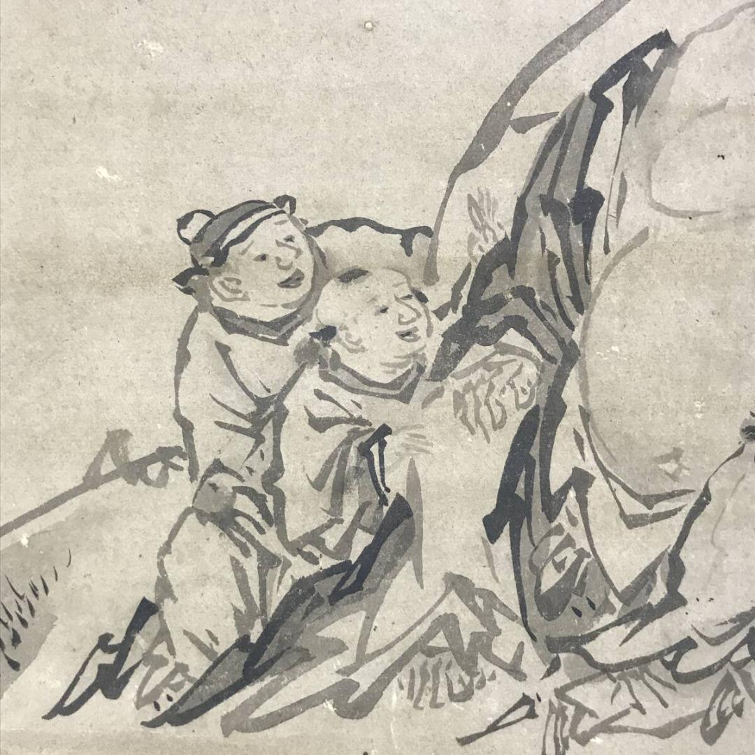 模写/狩野元信/布袋唐子図/福神図/人物図/横物/古画/掛軸☆宝船☆AH