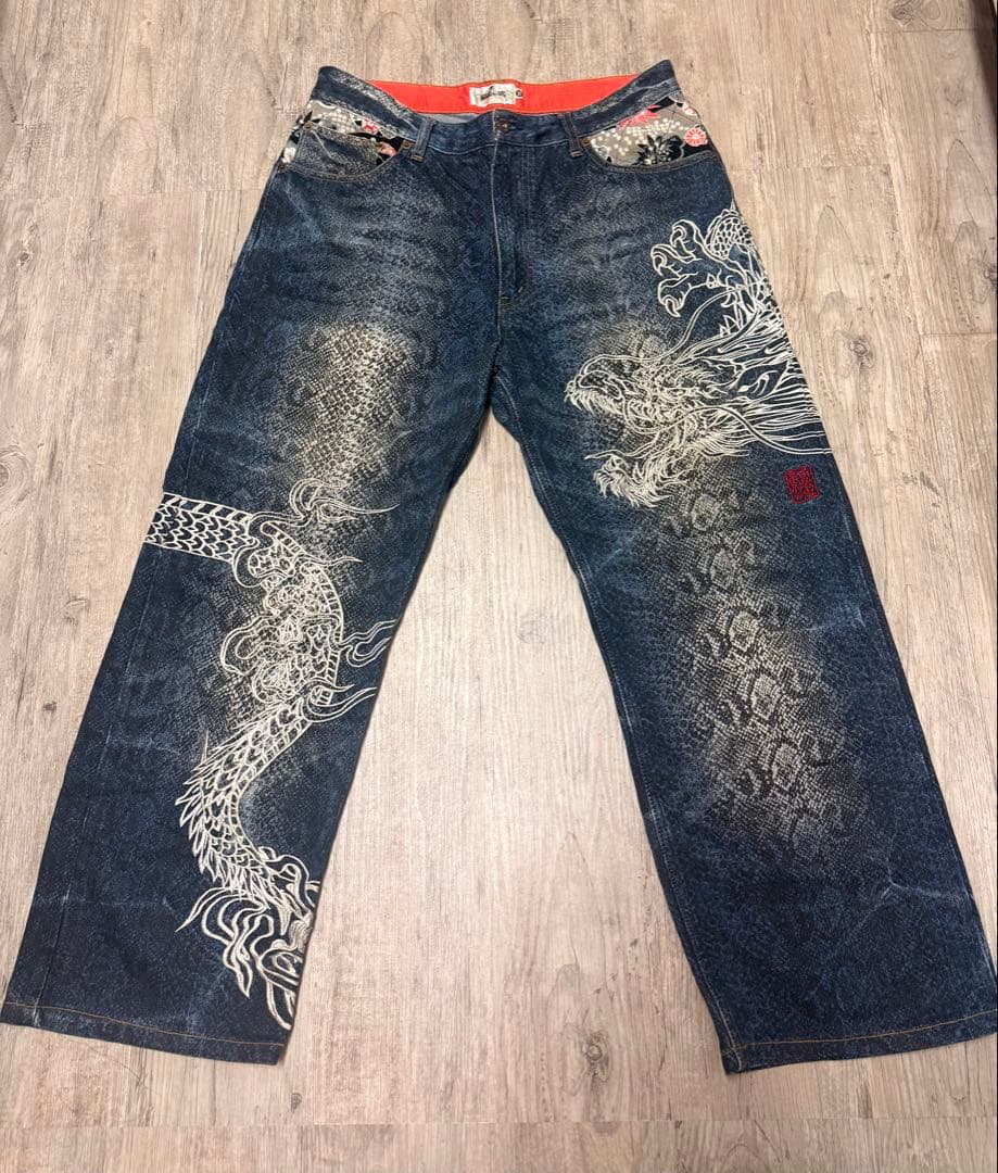 激レア】絡繰魂 龍 総刺繍デニム 36インチ 和柄 ドラゴン インパクト