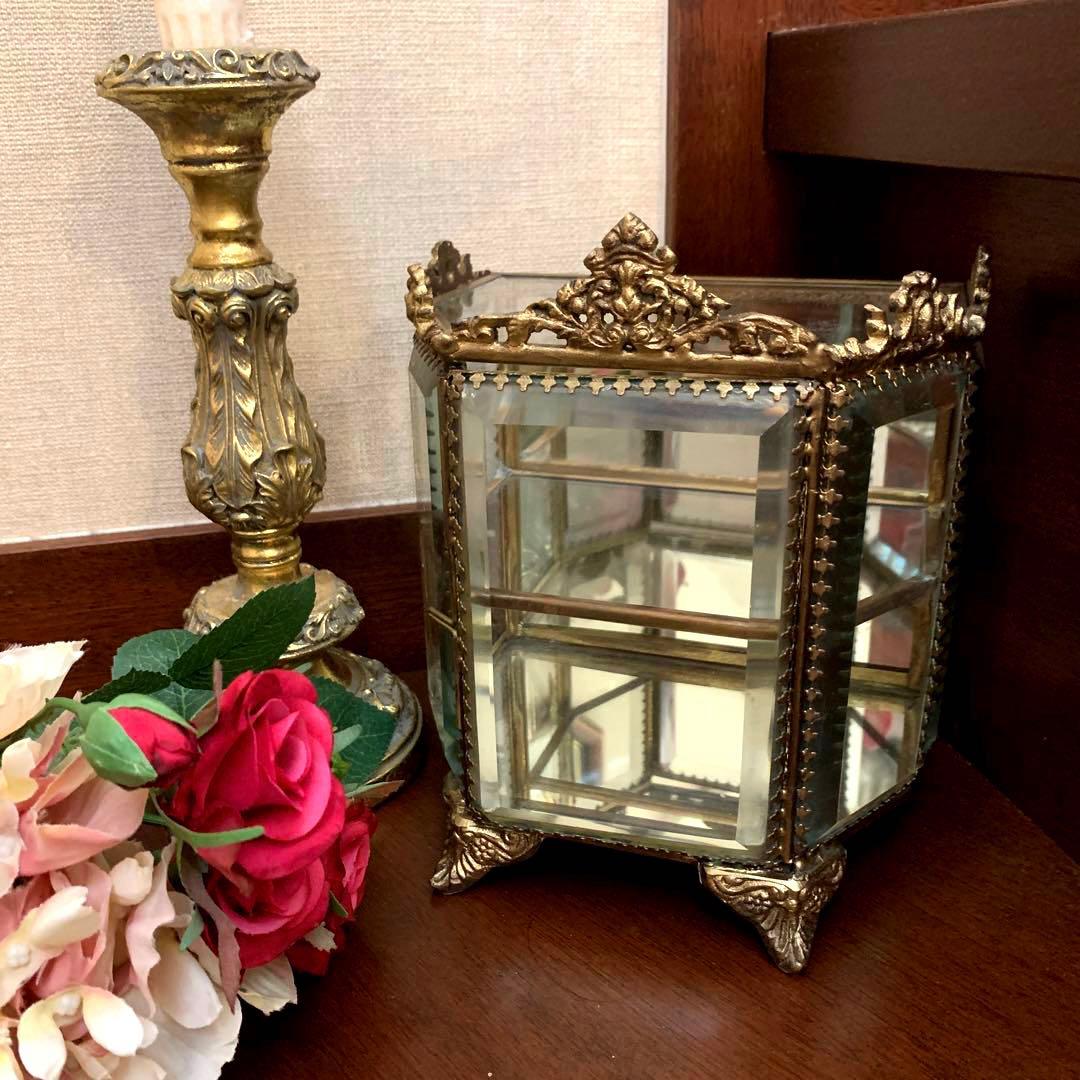 ガラスと真鍮の2段ロココジュエリーボックス アンティーク ガラスと真鍮のジュエリーケース フランス クラシカルな