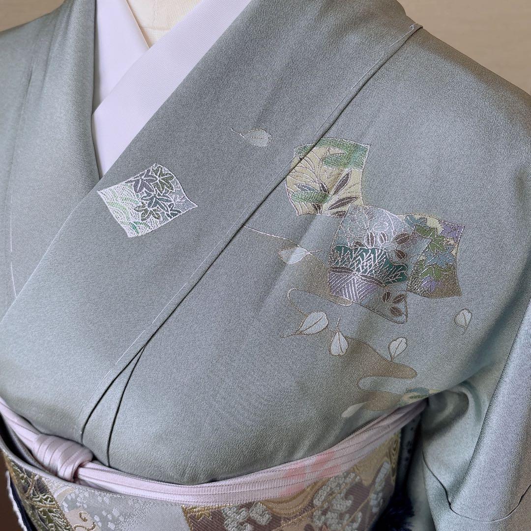 極美品 正絹 訪問着 フルセット 裄68 卒業式 入学式 結婚式 袋帯 青 緑