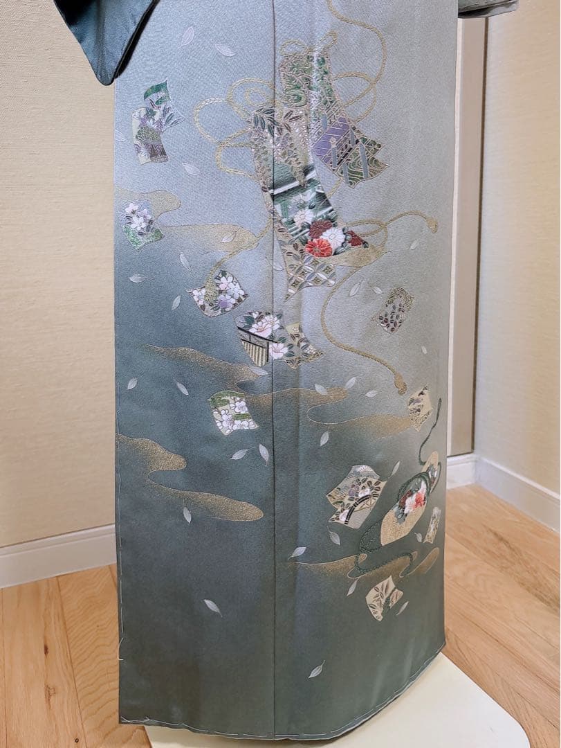 極美品 正絹 訪問着 フルセット 裄68 卒業式 入学式 結婚式 袋帯 青 緑