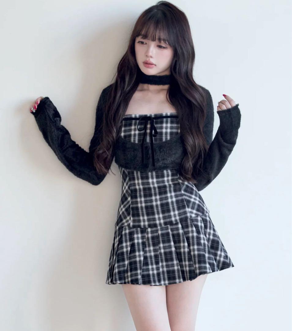 BunnyLis ファーボレロ×チェックミニワンピ ブラック Mサイズ - メルカリ