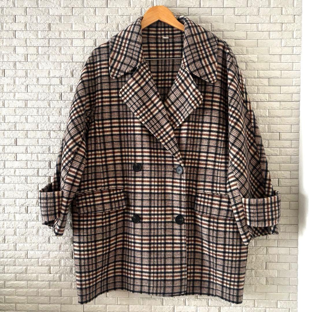 Mila Owen フラップポケットハーフ丈コクーン接結コート チェック柄