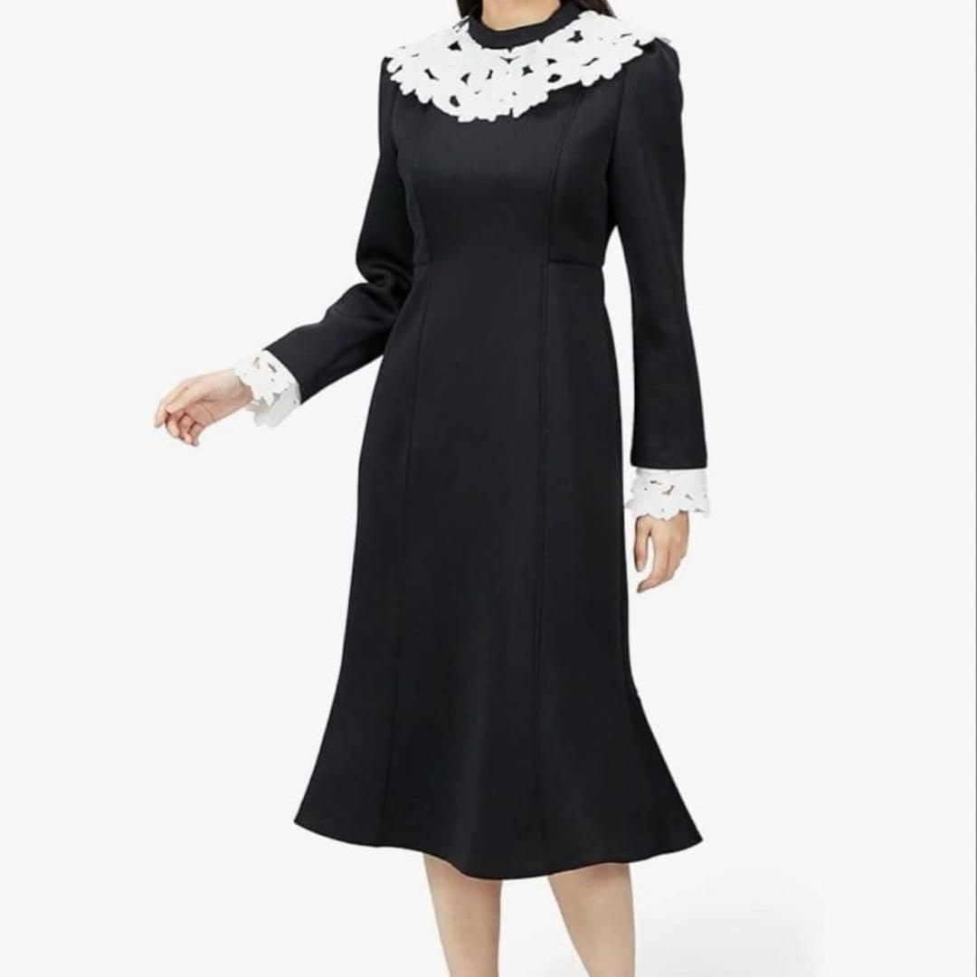 セルフォード/ブラック レース襟 ワンピース　36 セルフォード CELFORD レース衿タックタイトワンピース （ブラック