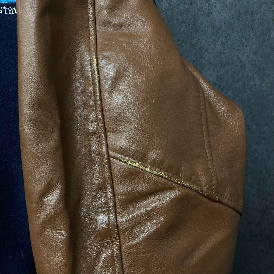 《US古着》企業 ウール・レザー 本革 中綿 スタジャン 刺繍ロゴ メンズXL