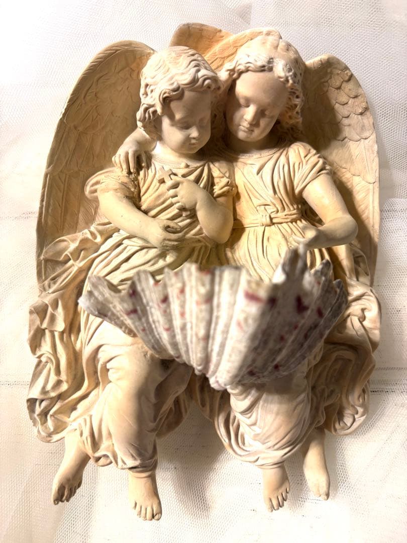 ♡フランスアンティーク　二人の天使の聖水盤　ベニティエ　エンジェルウィング　聖杯 ベニティエ 聖水盤 二人 天使 ビスク ポリクローム 彩色 h24cm