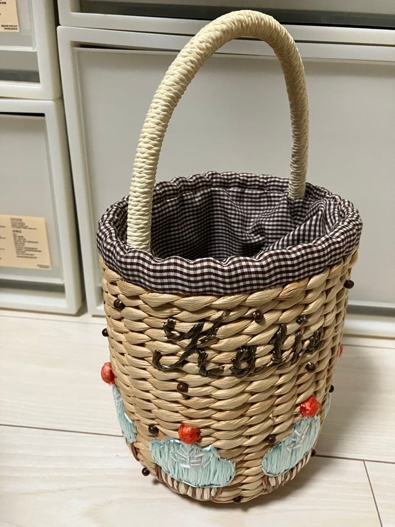 Katie かごバッグ ベージュ かごバッグ トート 夏 チェック スクエア トートバッグ 籠バッグ 大
