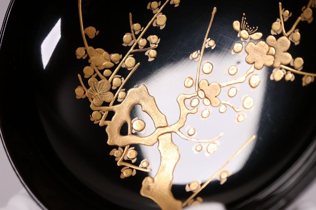 CM232】古い木皿 五客 梅 金蒔絵 黒塗 小皿 菓子皿 木製漆器 大正