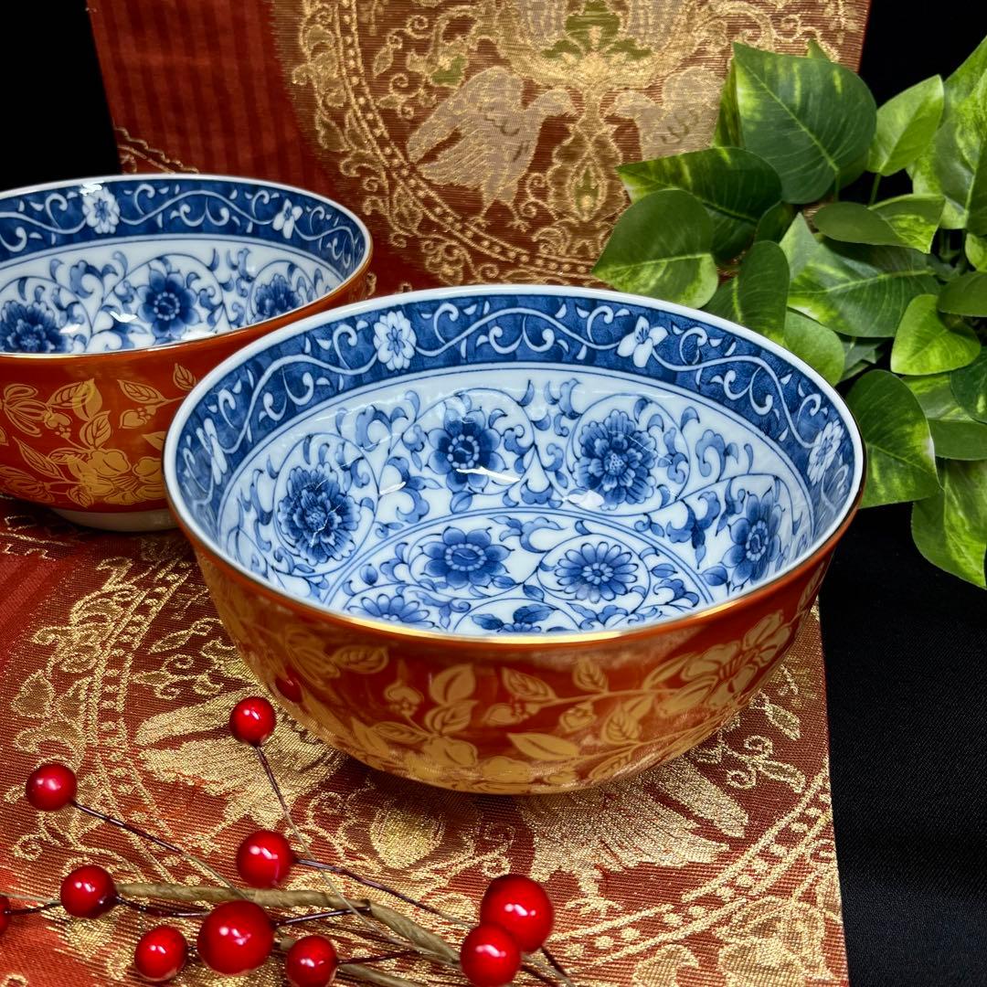 廃番希少】 大吉窯 金彩 朱巻 内染付 丼鉢 ペア 丼 麺鉢 大碗 盛鉢