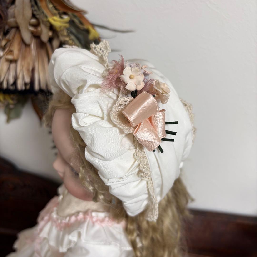 アンティークドール ビスクドール ドレス ボネ コットンシルク ピンク